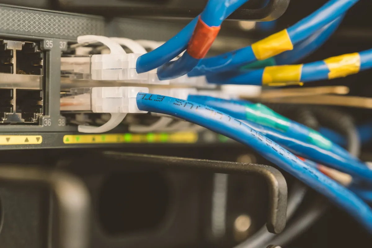 Blue Ethernet cables with white connector boots plugged into numbered ports on a network switch.