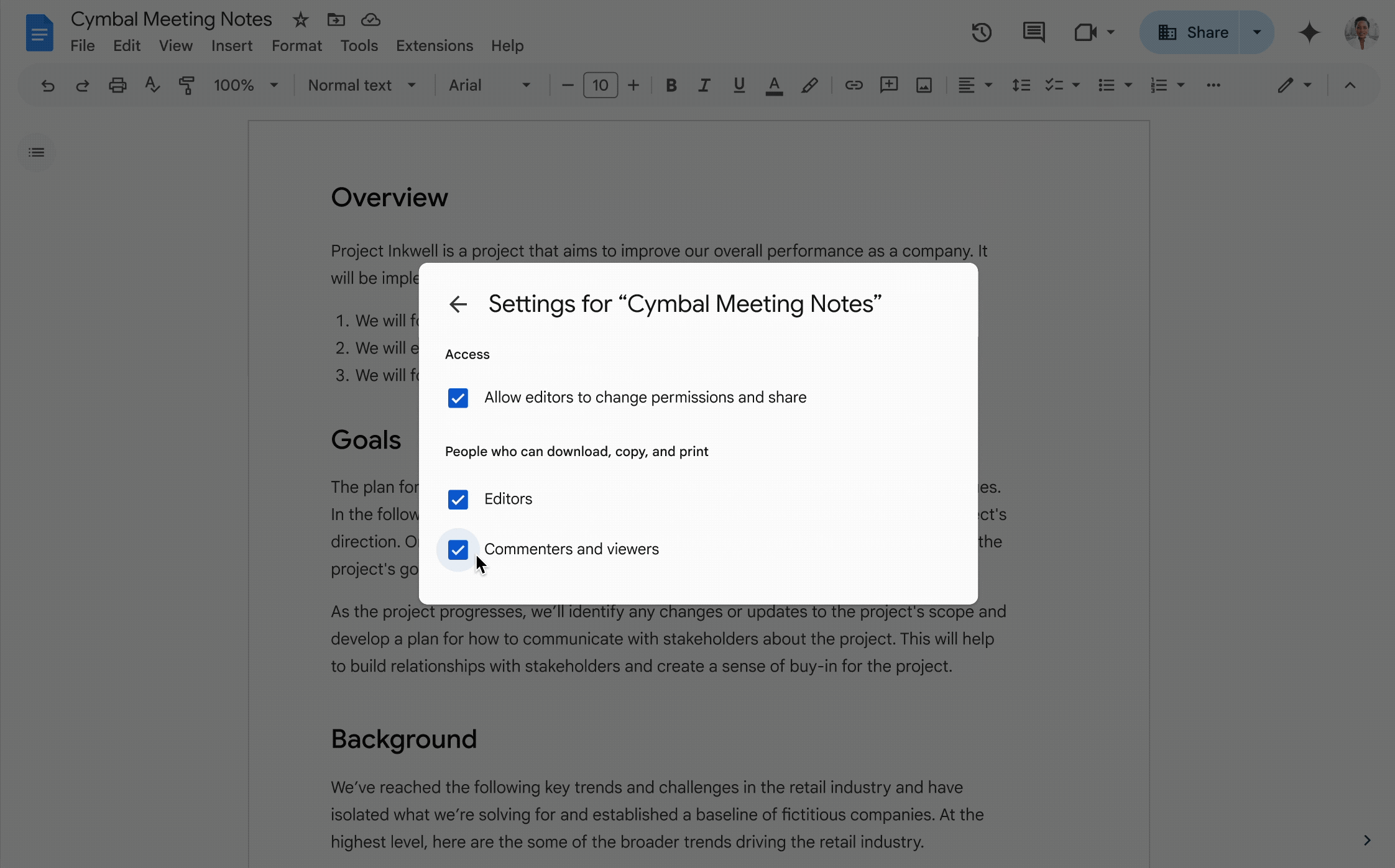 Google demonstration opening Share and Settings to inspect download, copy and print permissions for editors, commenters and viewers.