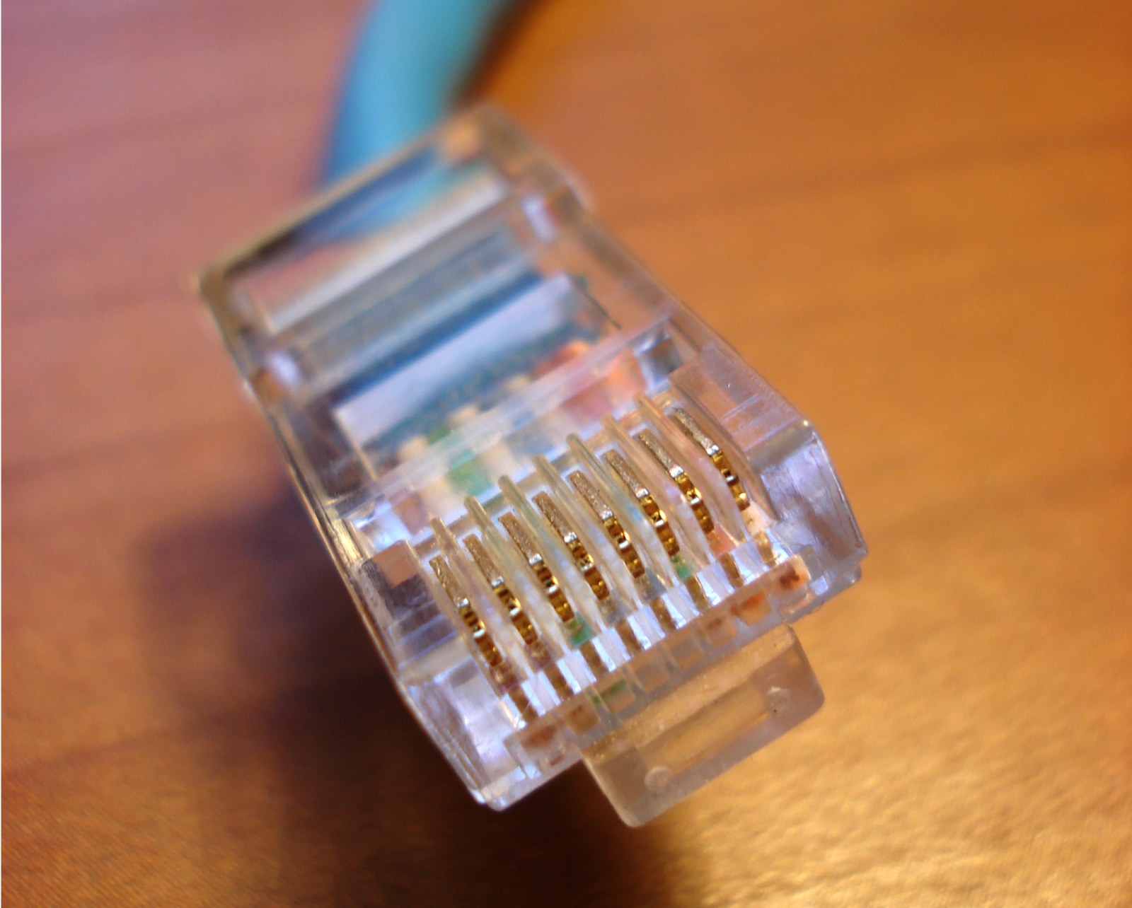 Macro photograph of an Ethernet plug showing its row of eight gold-coloured contacts in a transparent plastic body.