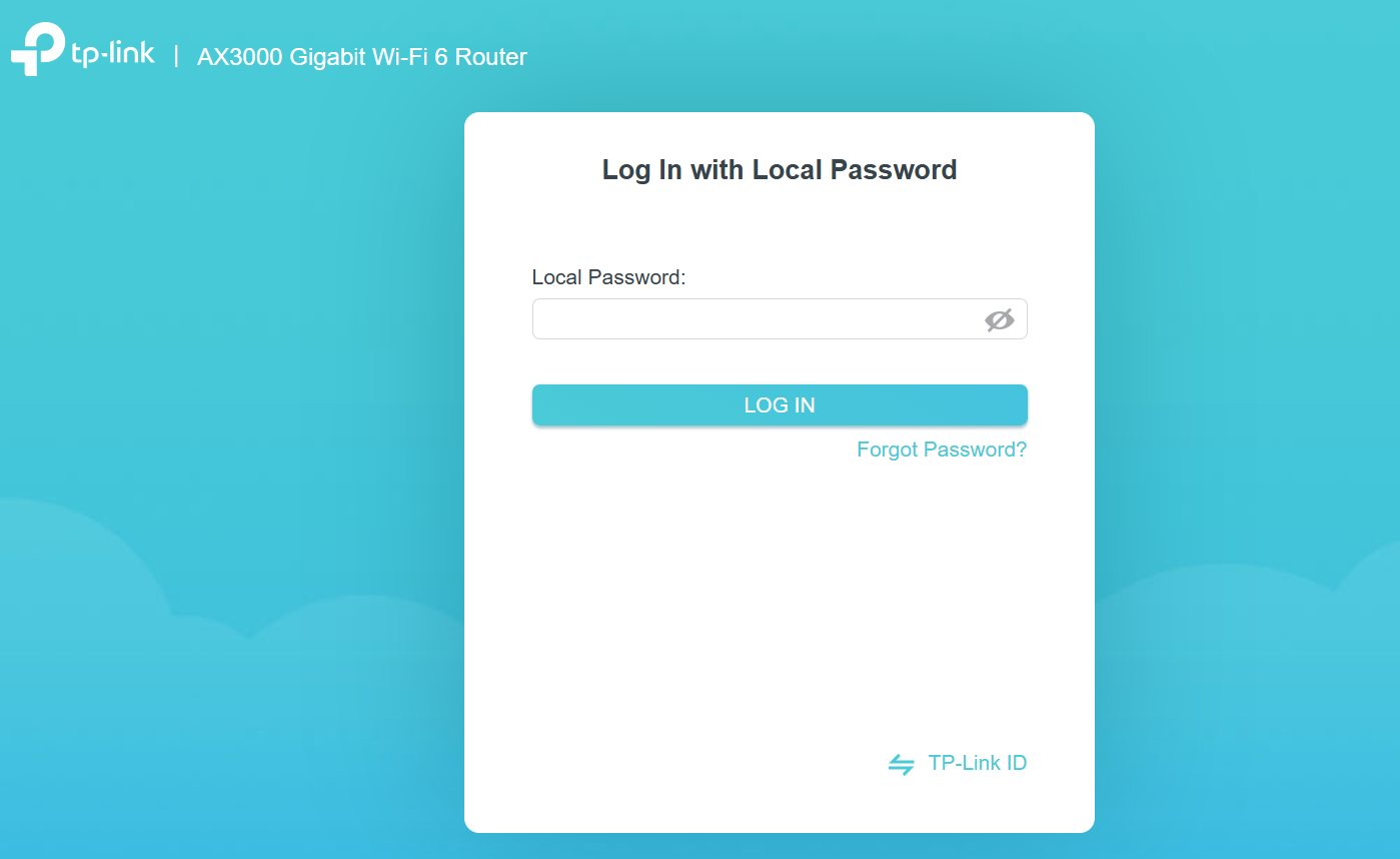 TP-Link AX3000 router login with an empty Local Password field, LOG IN button and separate TP-Link ID option.