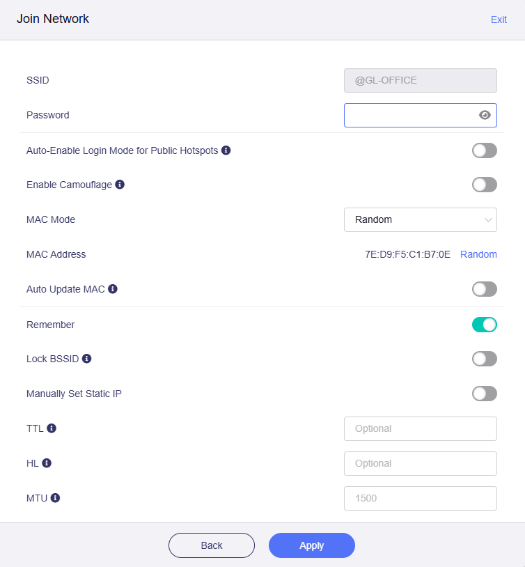 GL.iNet Join Network panel with login mode and camouflage off, MAC Mode set to Random, and Apply at the bottom.